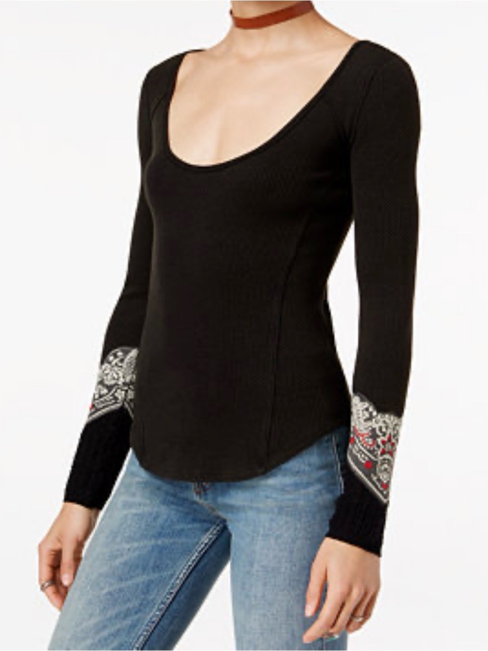 Long-Sleeve Scoop Neck Thermal Top with Printed Cuffs - Black